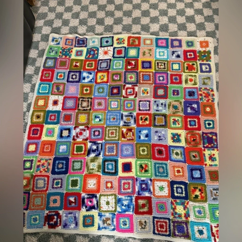 VTG Granny Square Blanket Afghan Crochet Hand Made Patchwork Multi Color Amish